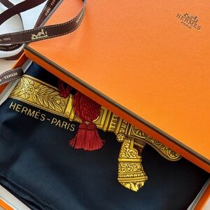 Authentic Hermès black and gold 100% silk “Grande Uniforme” scarf - 34.5”x34.5”
